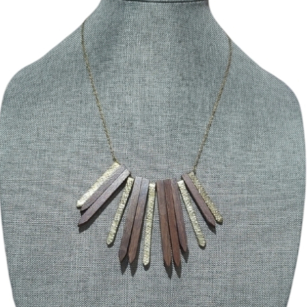 Tribal Brass Coloring & Brown Wood Collar Necklace Hammered Great Condition